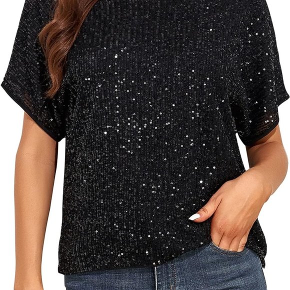 PrettyGuide Women's Sz L Sparkly Sequin Top Short Sleeve Glitter Loose Party - Picture 2 of 5